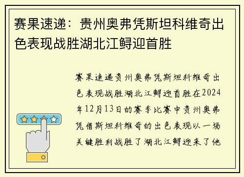 赛果速递：贵州奥弗凭斯坦科维奇出色表现战胜湖北江鲟迎首胜