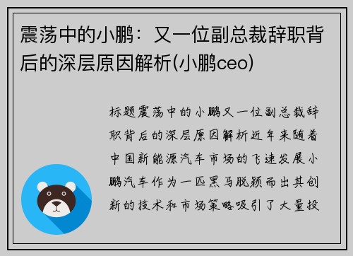 震荡中的小鹏：又一位副总裁辞职背后的深层原因解析(小鹏ceo)