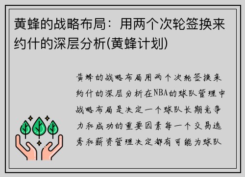 黄蜂的战略布局：用两个次轮签换来约什的深层分析(黄蜂计划)